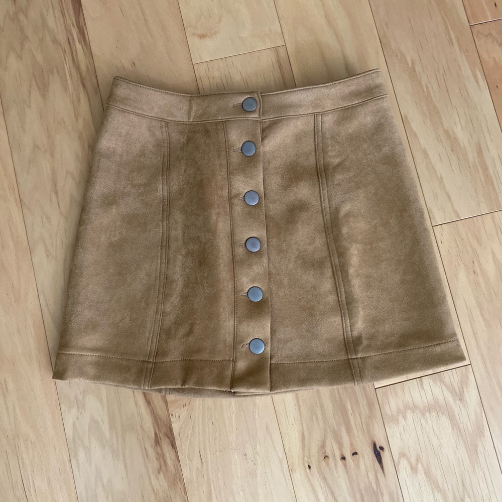camel button up skirt